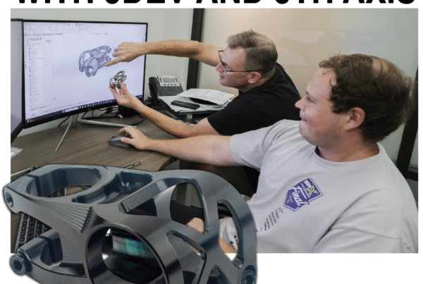 Mechanical Engineer Scout Ferguson (front) and Director of Sales James Ayres (behind) discuss the new 5DEV titanium stem.